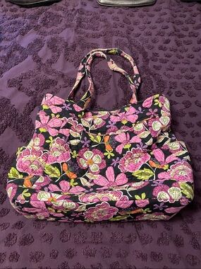 Vera Bradley Black Quilted Tote with Pink & Green Floral Pattern